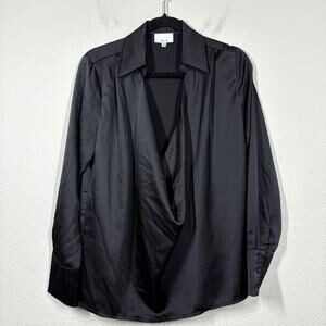 Olia Womens Size Medium Satin Draped Collared Shirt Black Cowl Neck Long Sleeves